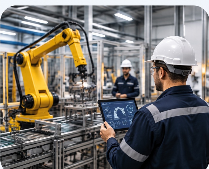 Celda de automatización industrial con brazo robótico